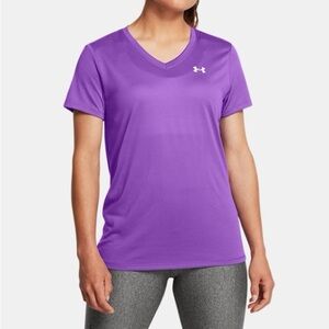 W Under Armour Purple UA Tech V Neck Short Steve Workout Shirt Size L |A108